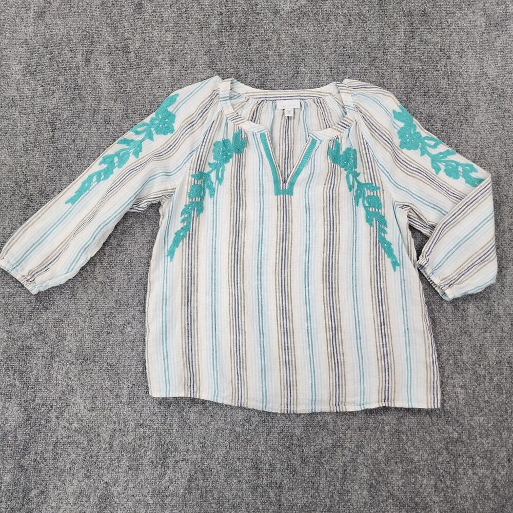 J Jill Top Womens Petite XS Striped Love Linen Embroidered Woven Boho Coastal